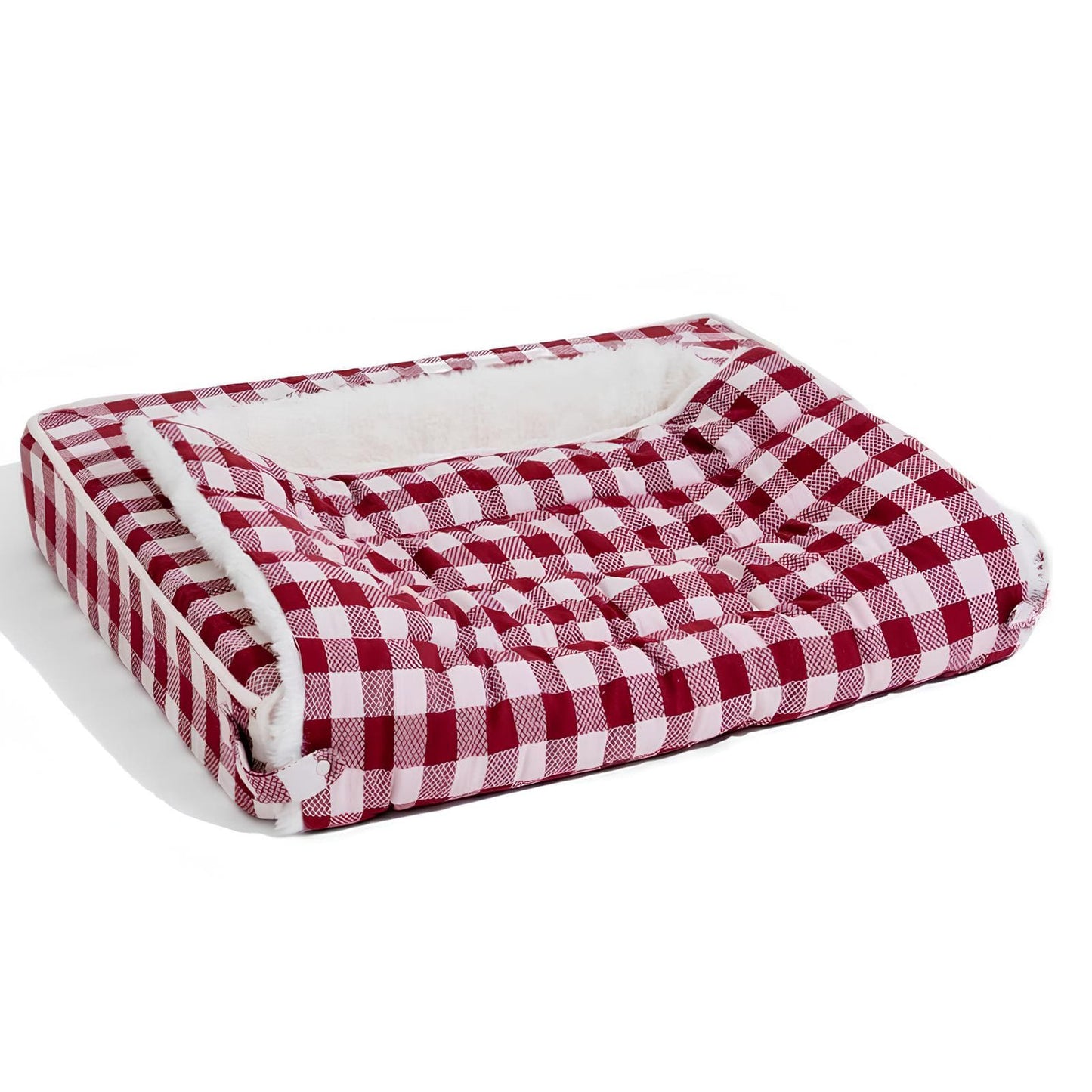 ergonomisches-beruhigungs-hundebett-waschbar-klassisch-karo-rot-mittel-für-hunde-happyhunde