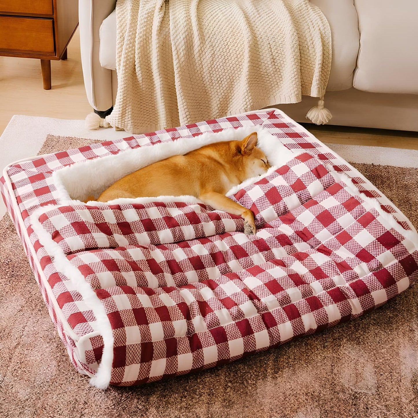 ergonomisches-beruhigungs-hundebett-waschbar-klassisch-karo-rot-mittel-für-hunde-happyhunde