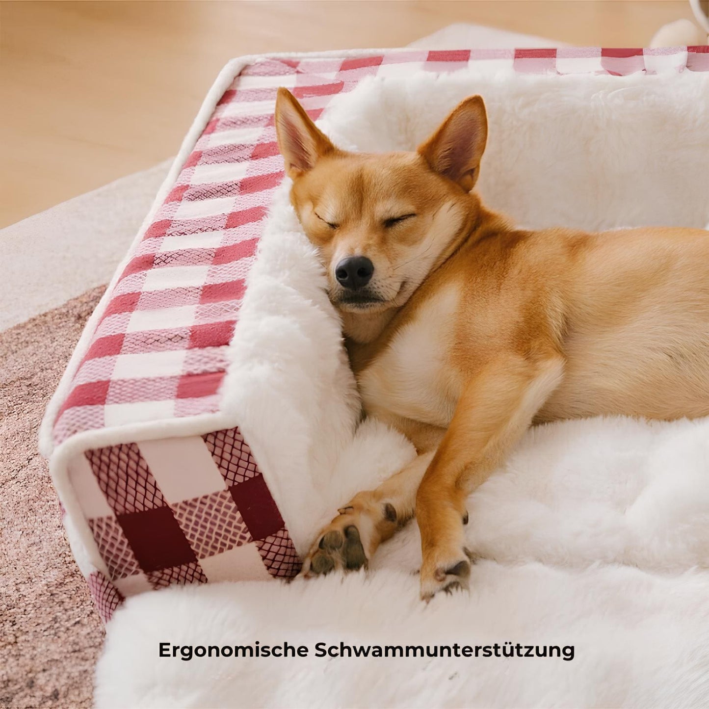 ergonomisches-beruhigungs-hundebett-waschbar-klassisch-karo-rot-mittel-für-hunde-happyhunde