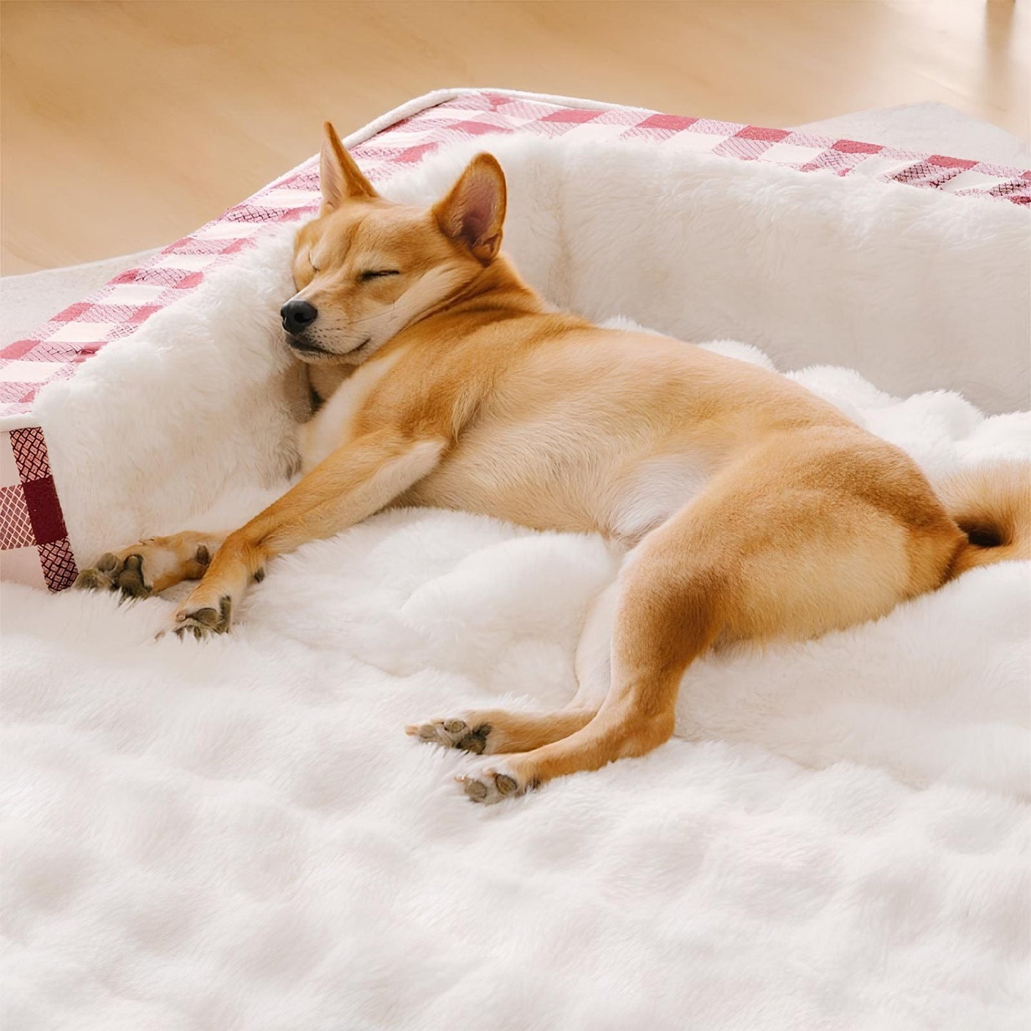 ergonomisches-beruhigungs-hundebett-waschbar-klassisch-karo-rot-mittel-für-hunde-happyhunde