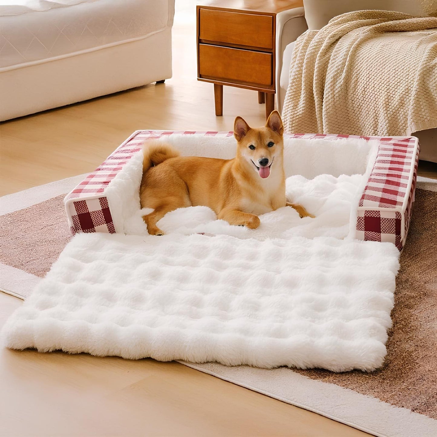 ergonomisches-beruhigungs-hundebett-waschbar-klassisch-karo-rot-mittel-für-hunde-happyhunde