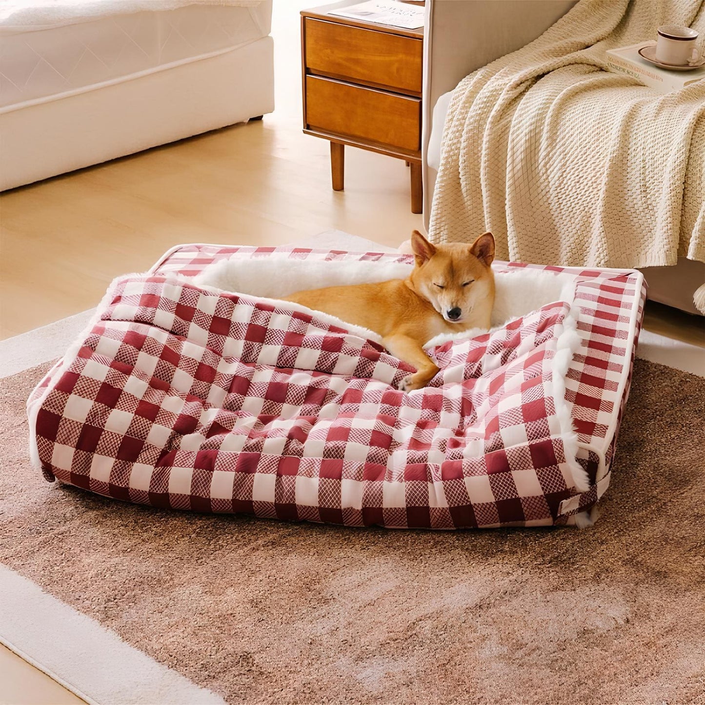 ergonomisches-beruhigungs-hundebett-waschbar-klassisch-karo-rot-mittel-für-hunde-happyhunde