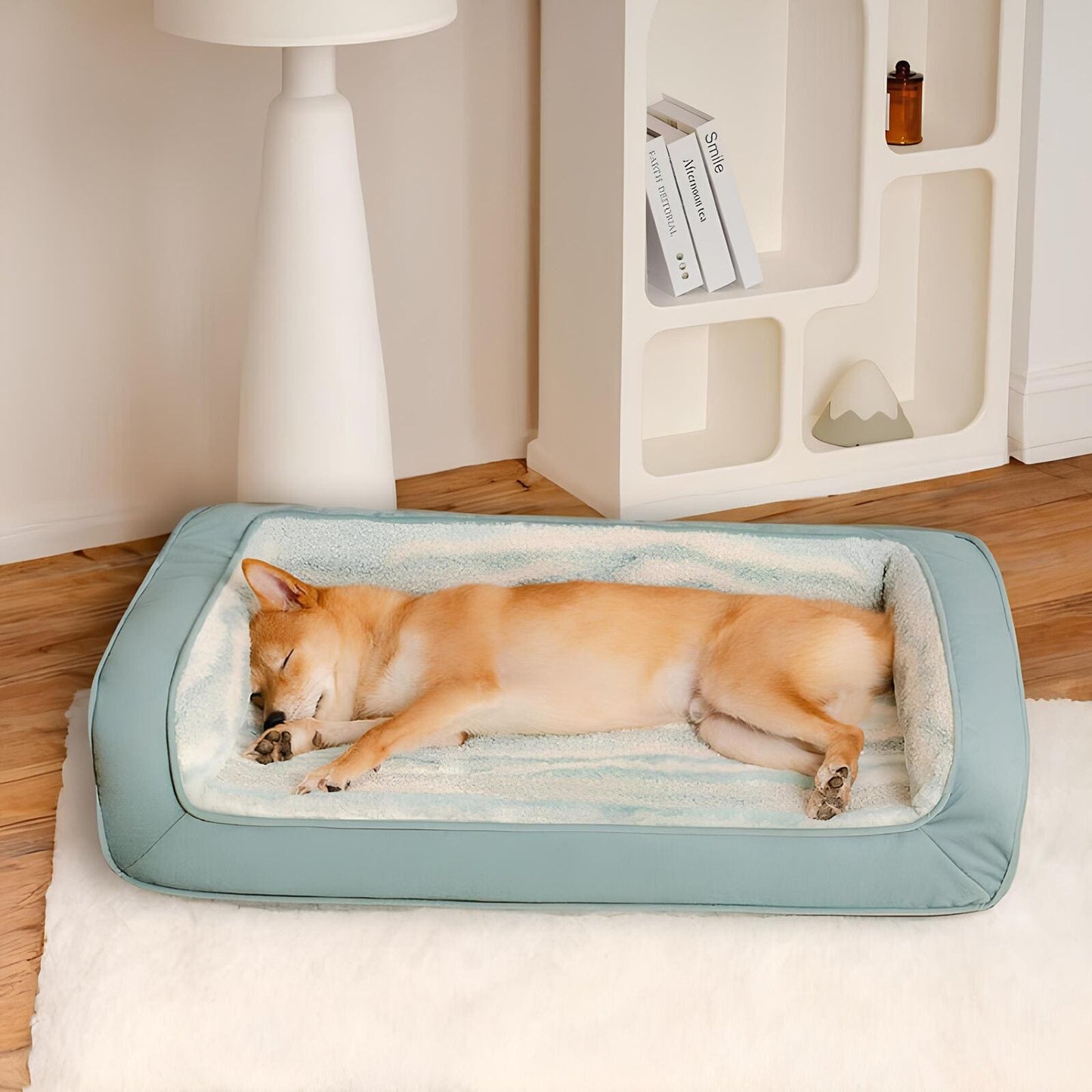 modernes-hundebett-orthopädisches-hundesofa-kunstlammfell-komfort-stil-happyhunde