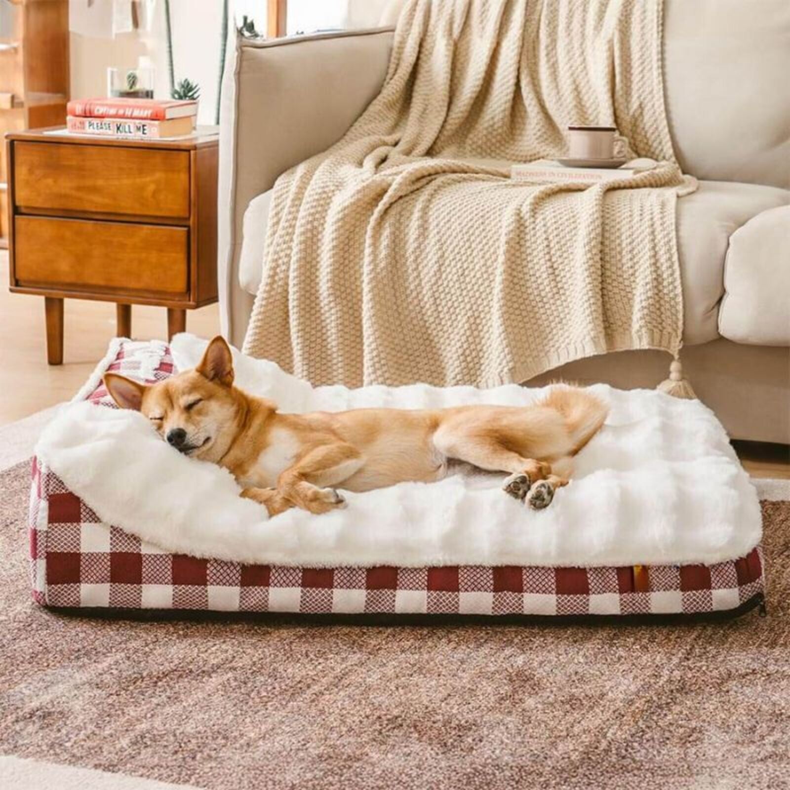 classiccheck-orthopaedisches-hundebett-mit-kopfstuetze-memory-schaum-komfort-waschbar-groessenauswahl-happyhunde