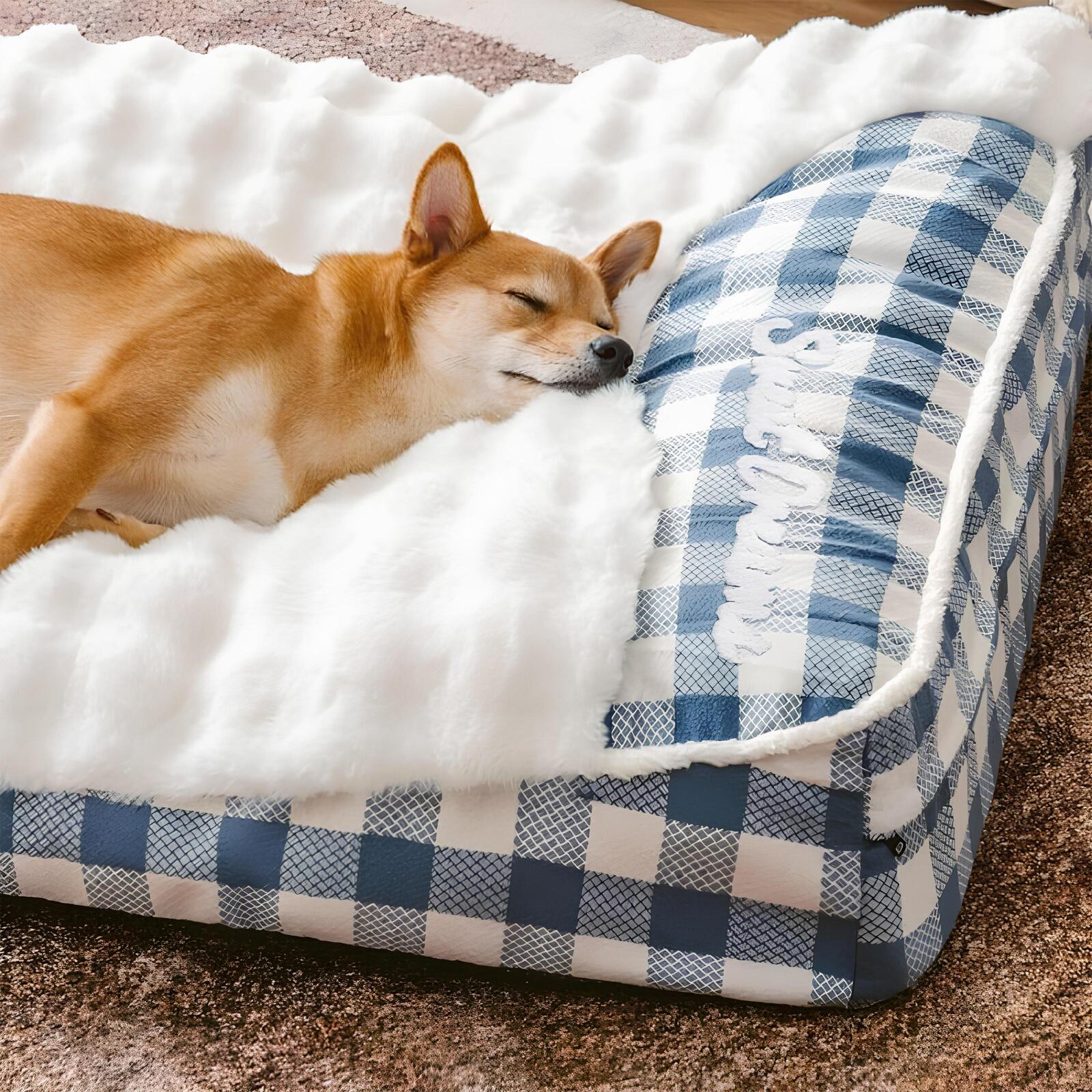 classiccheck-orthopaedisches-hundebett-mit-kopfstuetze-memory-schaum-komfort-waschbar-groessenauswahl-happyhunde