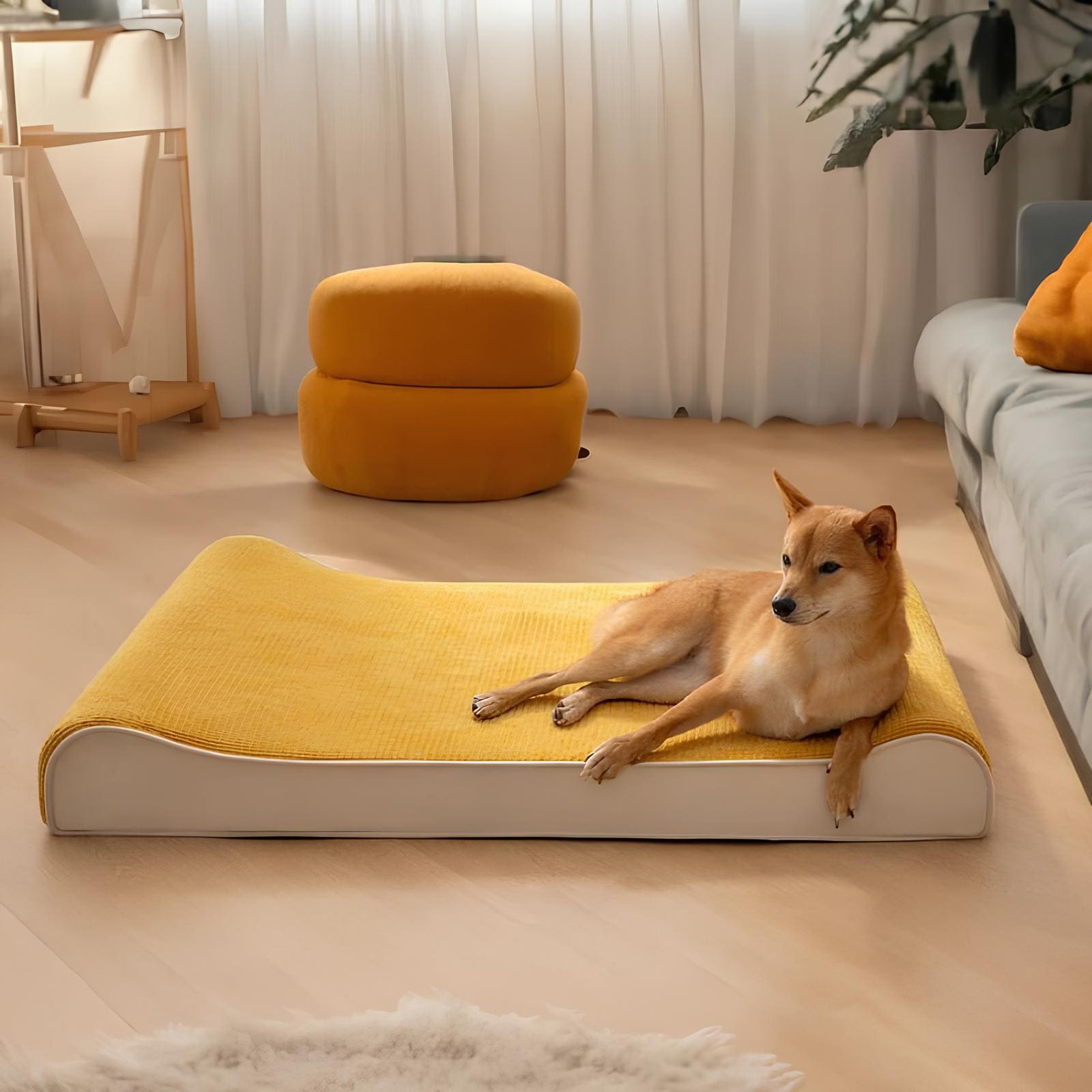 luxuriöser-hunde-lounge-sessel-orthopädisches-hundebett-memory-schaum-graubeige-happyhunde